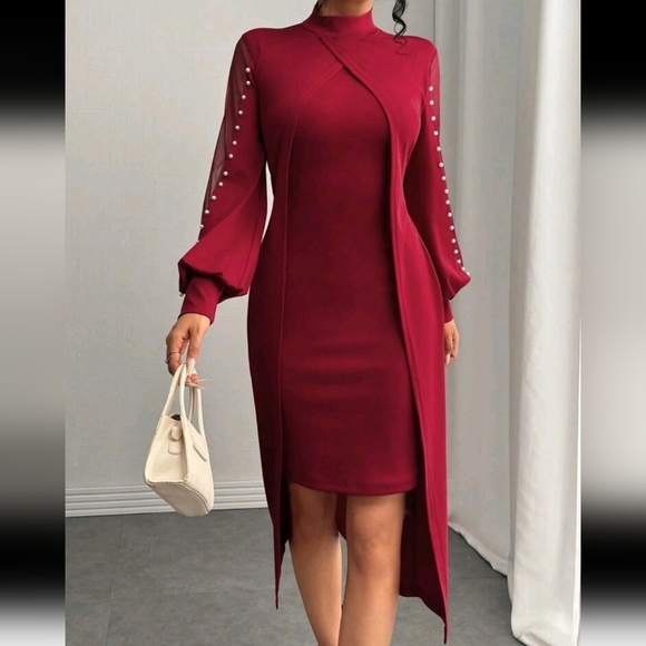 Women Elegant Mesh Patchwork Round Neck Shift Dress, For Autumn - Picture 1 of 5